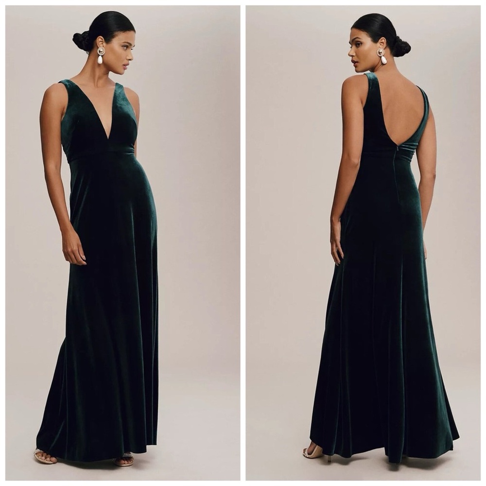 BHLDN Jenny Yoo Logan Velvet Maxi Dress Emerald Green Size 16 Deep Plunge